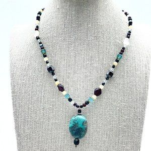 Teal Stone Pendant Necklace Multicolor Beaded Chain Silver Tone Boho Festival